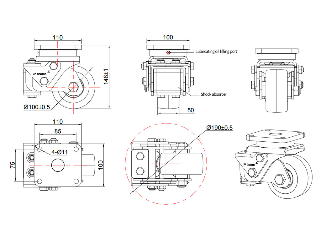 JQR263 shock absorbing caster dimensional drawing