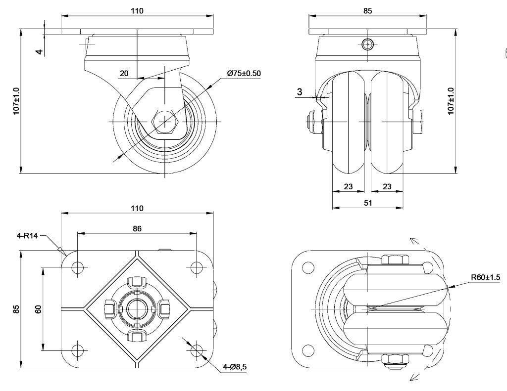 JP CASTER 双轮脚轮结构与安装尺寸图 / Twin-wheel caster assembly and mounting dimensions