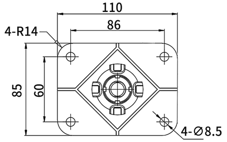 JP CASTER 双轮脚轮底板安装尺寸图 / Twin-wheel caster mounting plate dimensions